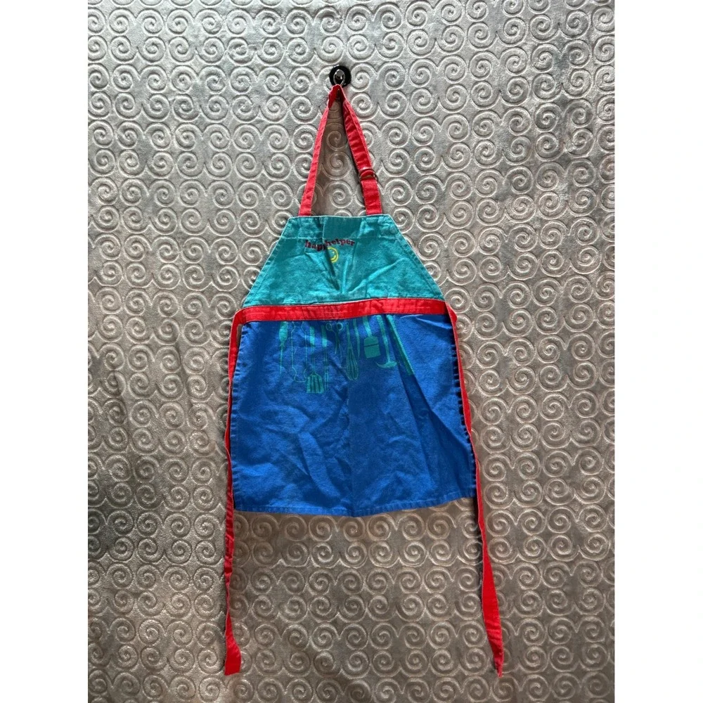 Mukitchen Happy Helper Kids Apron Blue‎ Red Teal Kitchen Utensil Print Cotton